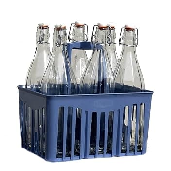 SET 6 PZ BOTTIGLIE VETRO 1 LITRO PER ACQUA VINO LIMONCELLO LIQUORE DRINK CON PORTABOTTIGLIE IN PLASTICA - BOTTIGLIE ACQUA IN VETRO 1 L CON CESTELLO PORTABOTTIGLIE PLASTICA BLU COBALTO
