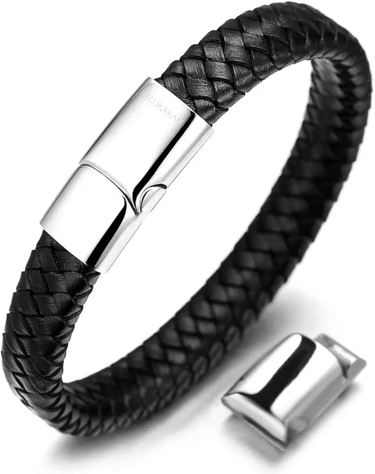 HALUKAKAH Accessori per Bambini ● Solo Junior ● Braccialetto in Pelle per Ragazzi Marrone/Nero Classico, Progettato per Età 6-15, Con Esclusiva Chiusura Magnetica in Titanio Dorato/Argento/Nero, Misura 7”+0.7"(18+1.5cm), Inclusa Confezione Regalo Omaggio