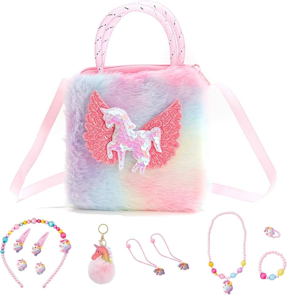 FOSDICK Gioielli Bambina Set, Borsetta Bambina Unicorno, Collana Bracciale Anello Orecchini e Fermagli per Capelli, Regalo 3 4 5 6 7 8 Anni