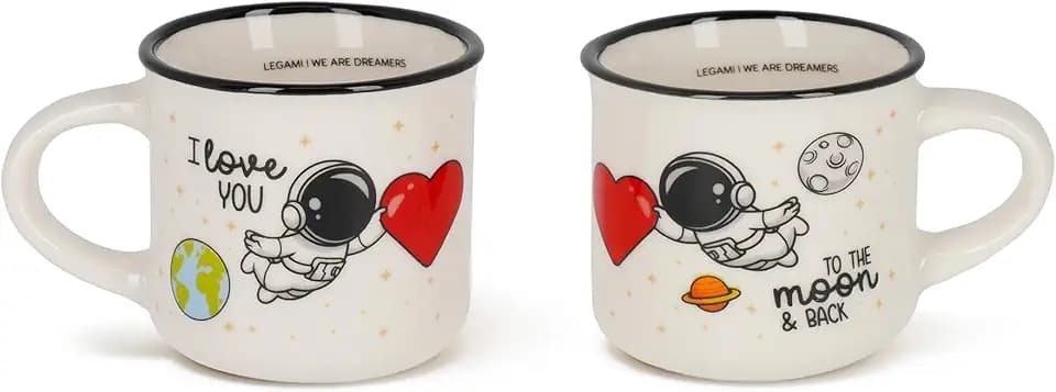 Legami - Tazzine da Caffè Espresso For Two, Set da 2 Coffee Mug in Porcellana New Bone China, Tazza Caffè Lavabile in Lavastoviglie, Tema Astronauta I Love You, Diametro 5,5 cm, Capacità 50 ml