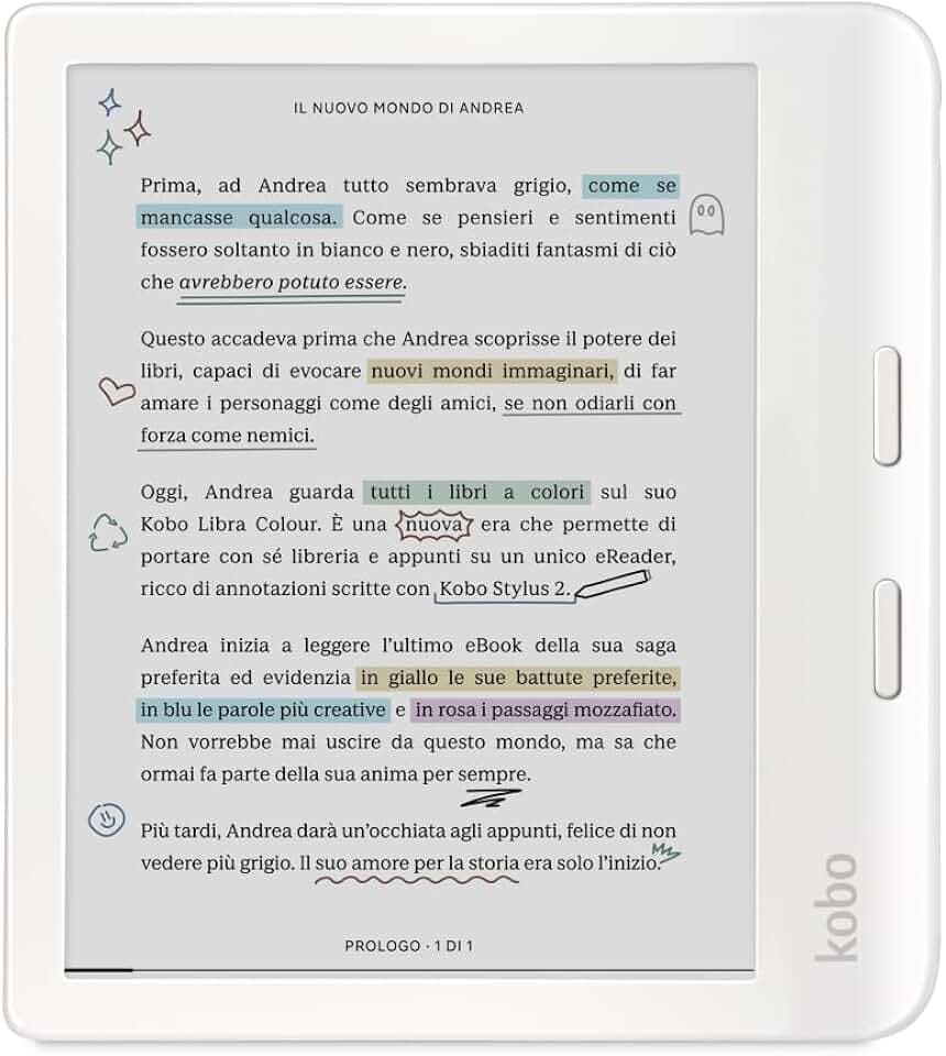 Kobo Libra Colour | eReader | Display antiriflesso a colori E Ink Kaleido™ 3 da 7” | Modalità Scura| I Audiolibri | Impermeabile (Bianco)