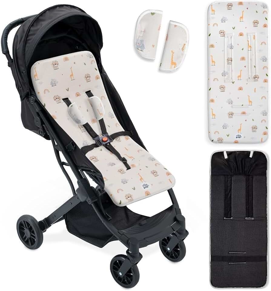 Interbaby Materassino per passeggino universale per estate | Safari Beige | Traspirante e confortevole, fodera per passeggino 100% cotone, 84 x 34 cm, protezioni per imbracatura