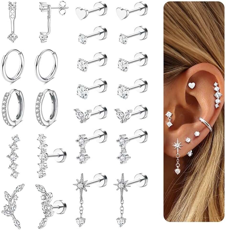 ADRAMATA 12 Paia Set Orecchini Donna Acciaio Inossidabile Orecchino Cerchio Piccoli Orecchino a Bottone Anallergici Conch Trago Helix Piercing Orecchio Orecchini Donna Oro Argento