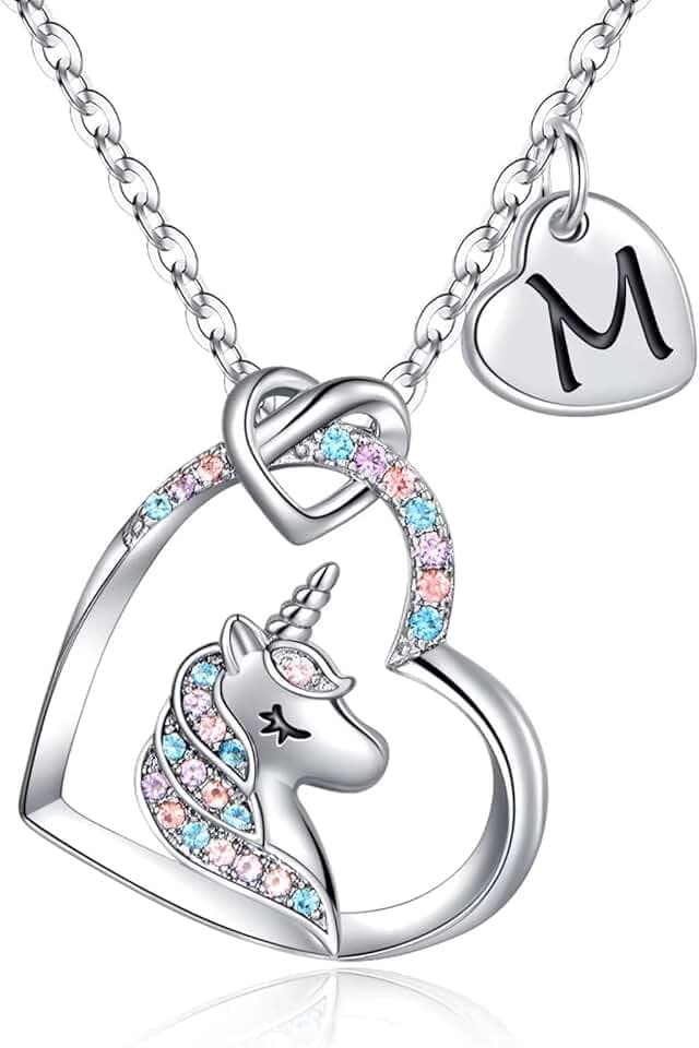 TINGN Collana Unicorno Regali per Ragazze, Ciondolo Cuore Iniziale Placcato Oro Bianco 14k CZ Collana con Iniziale Unicorno per Ragazze Compleanno Unicorni Regali per Ragazze Gioielli da Donna