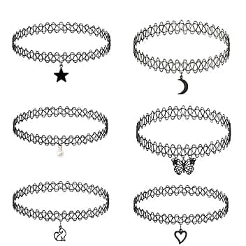 IBXWMNG 6 Pz Girocollo Collane Set Collari Elasticizzati Per Ragazze Ragazze Bambini Donne, Collana Tatuaggio Elasticizzato Vintage Moda, Collana Vintage alla Moda, avec pendente Nero,per ragazzi e ragazze