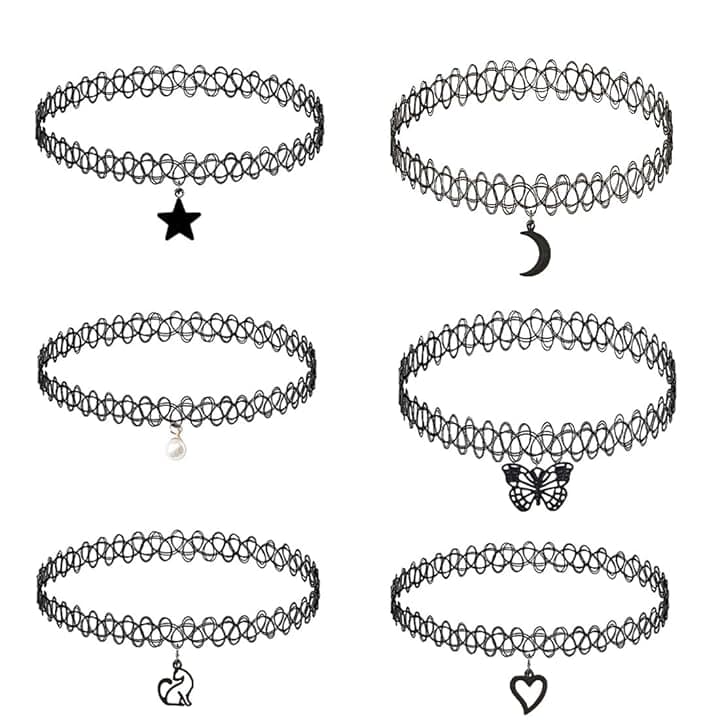 IBXWMNG 6 Pz Girocollo Collane Set Collari Elasticizzati Per Ragazze Ragazze Bambini Donne, Collana Tatuaggio Elasticizzato Vintage Moda, Collana Vintage alla Moda, avec pendente Nero,per ragazzi e ragazze