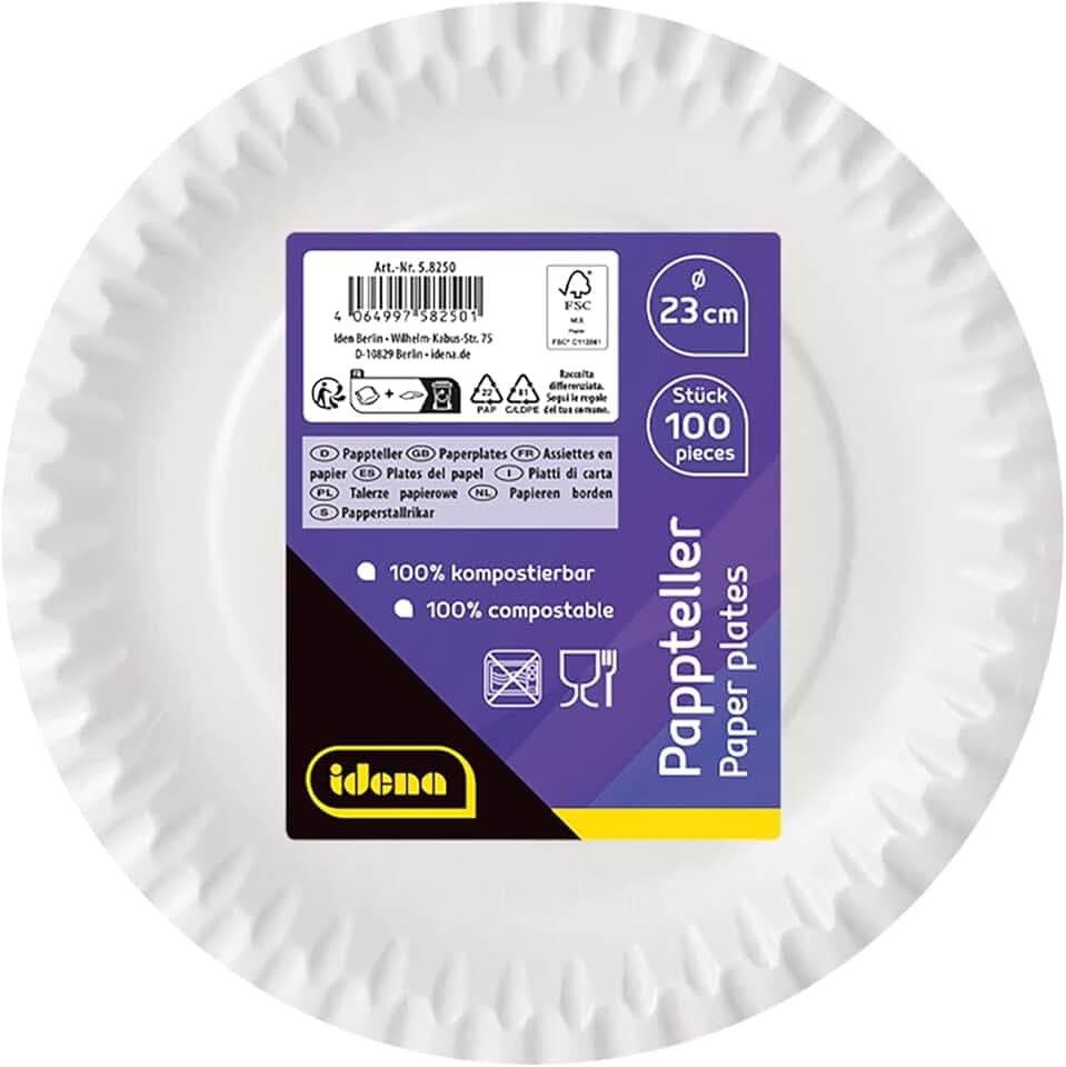 Idena 58250 - Piatti per feste bianchi, 100 pezzi, diametro 23 cm, ecologici e compostabili, piatti di carta, piatti di carta, stoviglie usa e getta