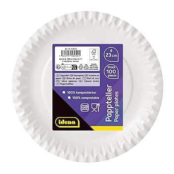 Idena 58250 - Piatti per feste bianchi, 100 pezzi, diametro 23 cm, ecologici e compostabili, piatti di carta, piatti di carta, stoviglie usa e getta