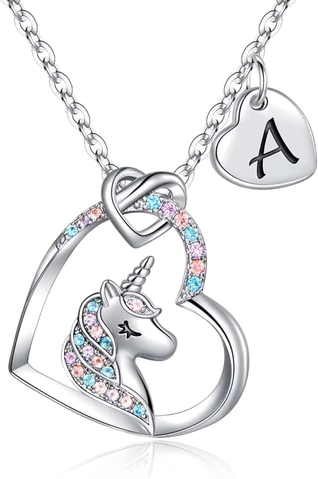 TINGN Collana Unicorno Regali per Ragazze, Ciondolo Cuore Iniziale Placcato Oro Bianco 14k CZ Collana con Iniziale Unicorno per Ragazze Compleanno Unicorni Regali per Ragazze Gioielli da Donna