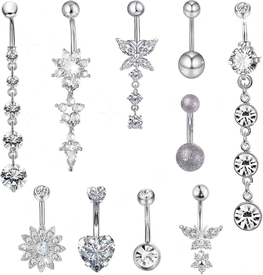 BDSHUNBF 10 Pcs Ombelico Gioielli Piercing Set, Anello Con Ombelico Pendente,Catene miste a forma di cuore, lunghezza moderata,Peri Anelli Piercing
