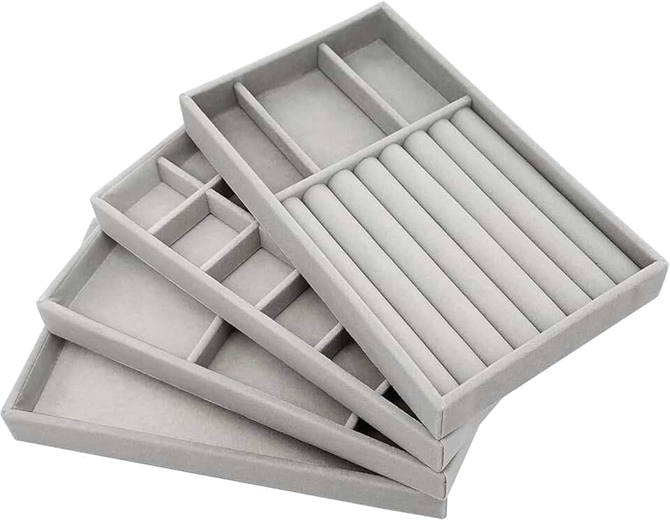 PIQIUQIU PIQIUQIU Set di 4 vassoi impilabili per gioielli, organizer per gioielli, contenitore per gioielli, cassetto per conservare ed esporre orecchini, collane, anelli (grigio)