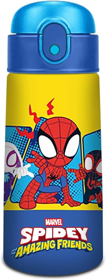Seven Borraccia termica Spiderman, 460 ml, Acciaio, Cannuccia, Apertura automatica, Tenuta stagna, Mantenimento temperatura:caldo 12h/freddo 24h, Scuola e asilo