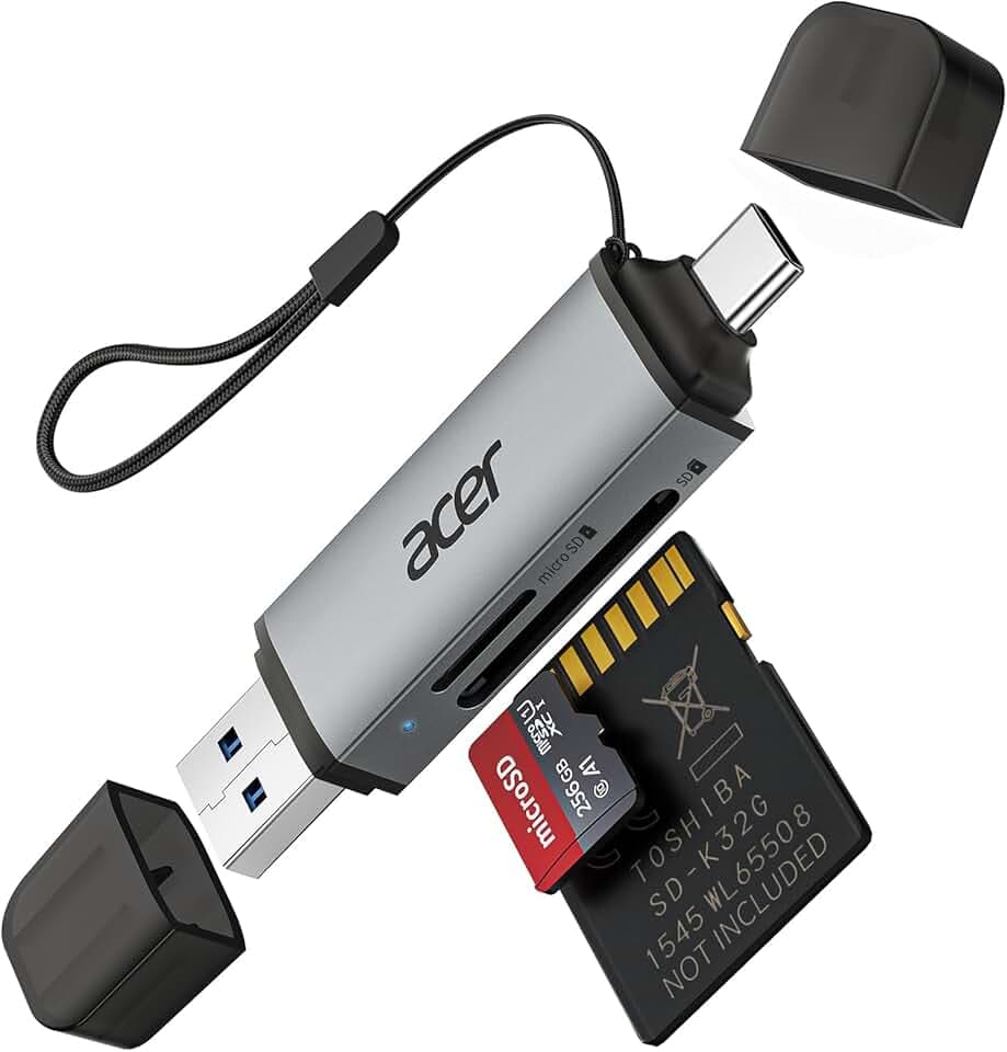 Acer Lettore di schede SD, adattatore per lettore di schede di memoria USB C e USB 3.0, supporta SD/Micro SD/SDHC/SDXC/MMC, compatibile con iPhone 17 Pro, MacBook Pro iPad Pro 2021, Pixel, XPS 13 ecc. Recycled Claim Standard 100