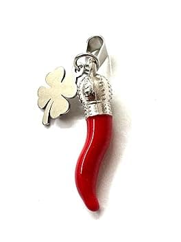MODA MavillA Ciondolo in Acciaio con Corno Rosso e Quadrifoglio E ciampa cavallo