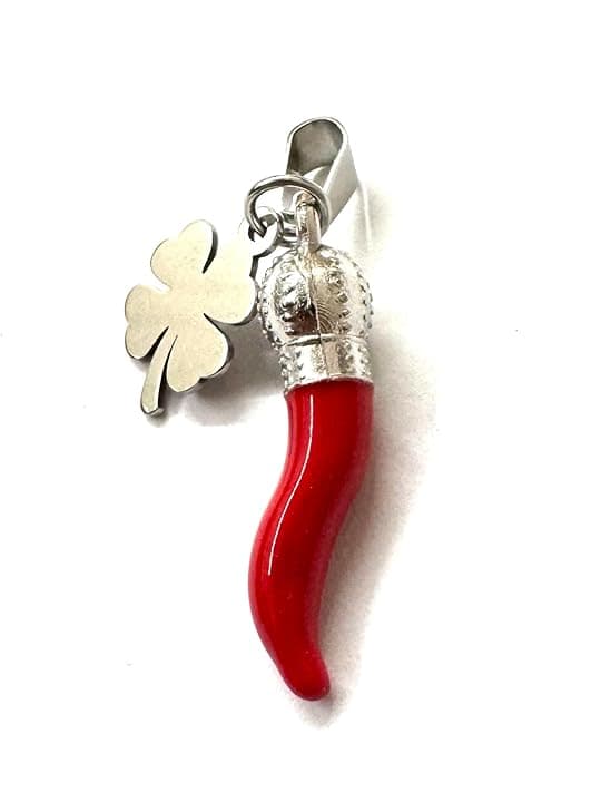 MODA MavillA Ciondolo in Acciaio con Corno Rosso e Quadrifoglio E ciampa cavallo