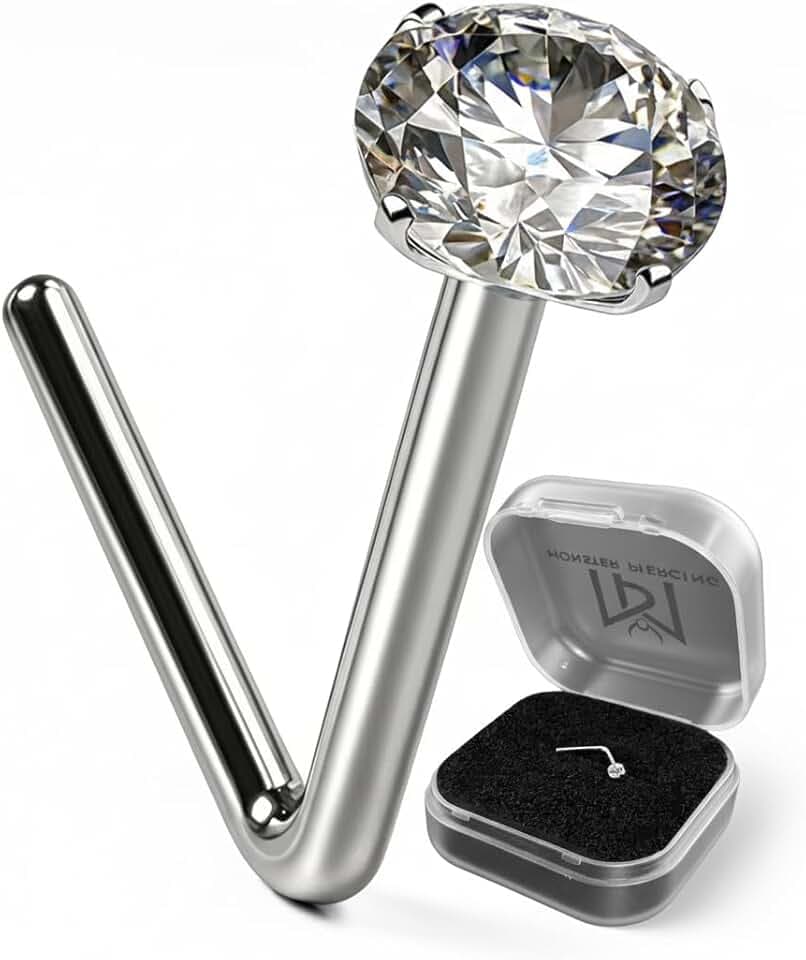 Monster Piercing 9k oro bianco del forcone rotondo in pietra CZ 22 Gauge L Bend perno del naso Piercing
