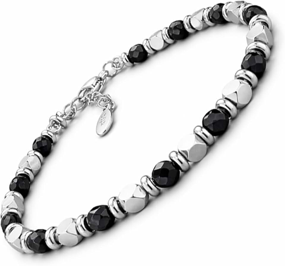 SAGA GIOIELLI Bracciale Uomo Donna Pietre Dure Onice Nero Vari Colori Quadrello Acciaio