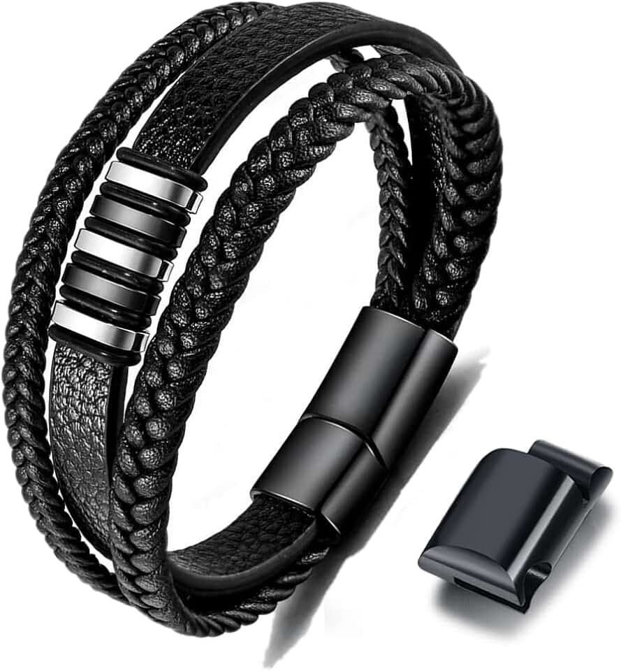 Gkmamrg Bracciale da uomo in pelle nera con cinturino in pelle Braccialetto intrecciata, in vera pelle intrecciata 22.5cm