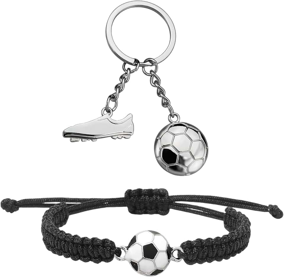 Set Bracciale Calcio Tessuto + Portachiavi Scarpa da Calcio in Metallo, Gadget Compleanno Bambini Calcio Portachiavi Sportivi per Ragazzi Tifosi