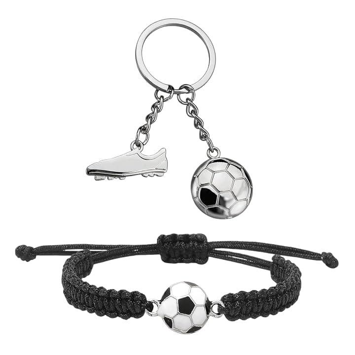 Set Bracciale Calcio Tessuto + Portachiavi Scarpa da Calcio in Metallo, Gadget Compleanno Bambini Calcio Portachiavi Sportivi per Ragazzi Tifosi