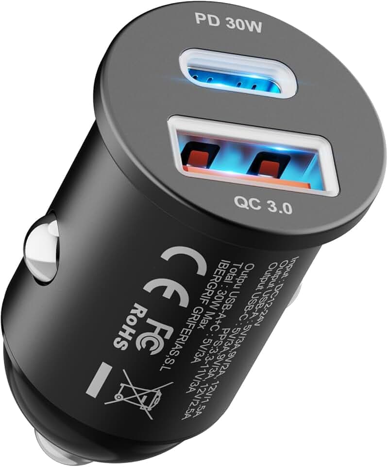 GRIFEMA Caricatore Auto USB C 30W, Adattatore Accendisigari a Doppia Porta con PD 30W e QC 3.0 18W, Ricarica Rapida per iPhone 17 16 15 14 Pro, Samsung Galaxy S25 S24 Ultra, Accessori Auto, Alluminio