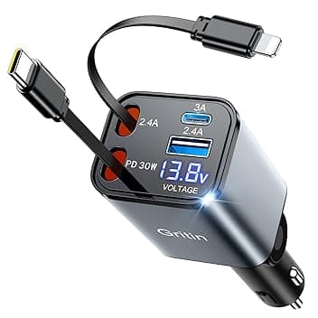 Gritin 69W Caricabatteria Caricatore da Auto 4 in 1 Retrattile, PD 3.0 USB C Accendisigari Ricarica Rapida, Display LED, Accessori Auto Campeggio Viaggio Compatibile con iPhone 17 Pro Max/16/15/14