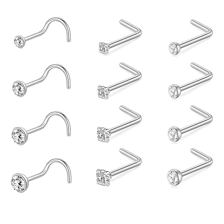 JEYORZY JEYORZY 12 Pezzi Piercing Naso Brillantino Acciaio Inox Nostril Piercing CZ Orecchini Naso Signore Uomini Nostril Borchi, Naso Piercing Brillantino Naso Narice a Forma di L Naso Stud Piercing Gioielli