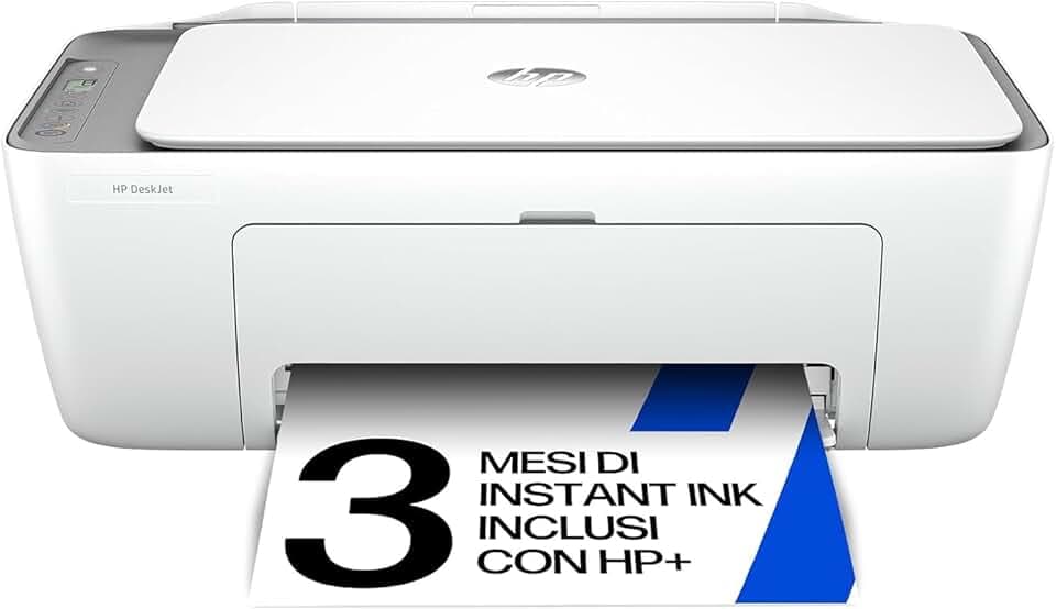 HP DeskJet 2820e 588K9B, Stampante Multifunzione a Getto d'Inchiostro A4 a Colori, Fronte e Retro Manuale, 7,5 ppm, Wi-Fi, Smart, 3 Mesi di Inchiostro Instant Ink Inclusi, Bianca