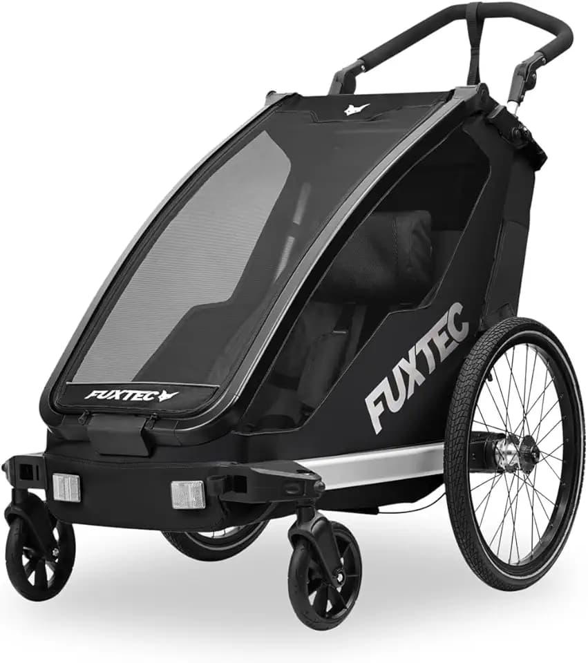 FUXTEC Rimorchio per Bici FX-FA1S – Carrello 1 Posto per Bambini con Cintura di Sicurezza – Pieghevole con Parasole e Parapioggia Inclusi – Telaio Leggero e Robusto