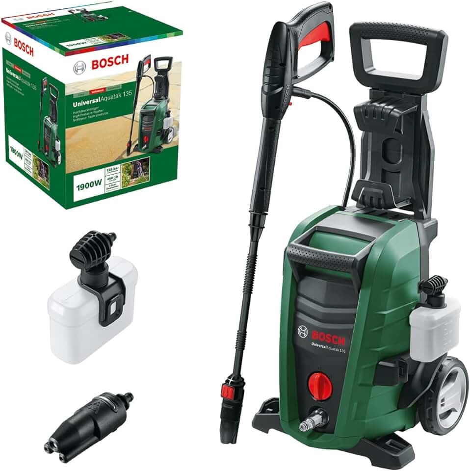 Bosch Idropulitrice UniversalAquatak 135, 2 ugelli, filtro per l’acqua, pistola ad alta pressione, tubo flessibile da 7 m, cavo da 5 m, potenza 1900 Watt, pressione: 135 bar, portata max.: 410 l/h