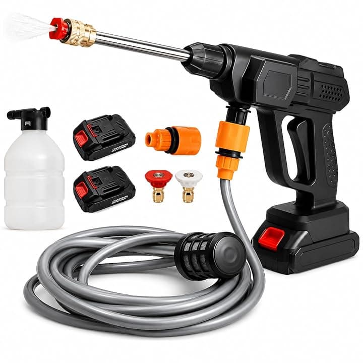 Idropulitrice a Batteria 42V Portatile Professionale, 2 Batterie 8000mAh, Tubo 5M, Pistola Alta Pressione Senza Fili per Auto, Moto, Bici, Pavimenti, Giardino e Pulizia Esterni