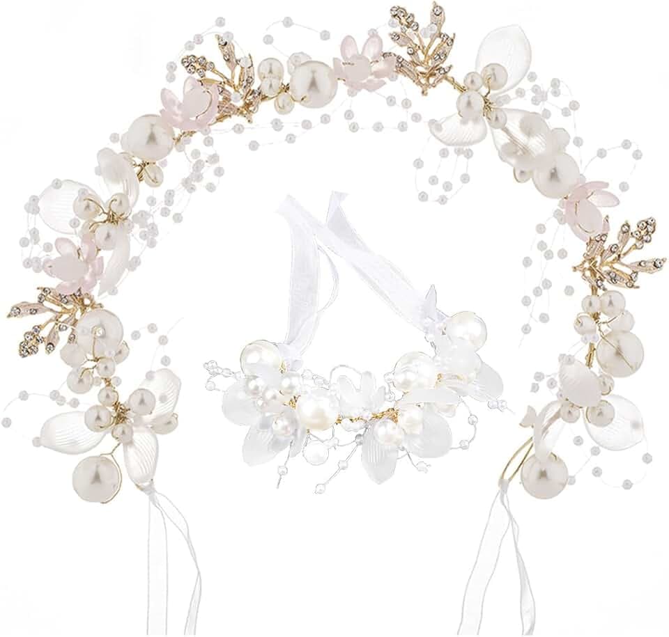 WUSJCOF Accessori per Capelli Comunione Bambina Matrimonio Corona di Fiori Cerchietto Capelli Coroncina Bambina con Braccialetto, Argento