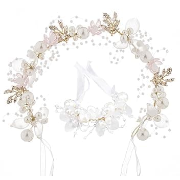 WUSJCOF Accessori per Capelli Comunione Bambina Matrimonio Corona di Fiori Cerchietto Capelli Coroncina Bambina con Braccialetto, Argento