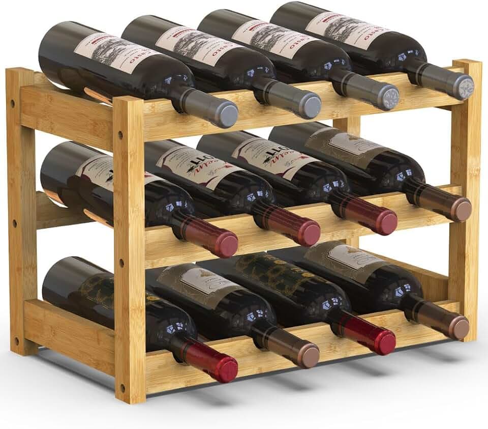 BAKAJI Cantinetta Portavino in Legno Bambù con 12 Scomparti per Vino Champagne, Portabottiglie da Terra, Cantina per Angolo Bar, Salotto, Cucina, Bistrot, Ristorante, 43.5 x 24 x 30 cm (Naturale)