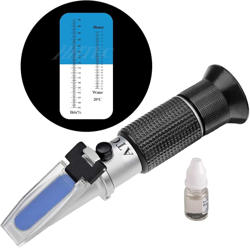 HH-Tec Rifrattometro manuale, 58–90% Brix, 38–43 Baumé, 12–27% acqua, per apicoltori, per melasse, sciroppi, marmellate, con istruzioni in tedesco [lingua italiana non garantita]