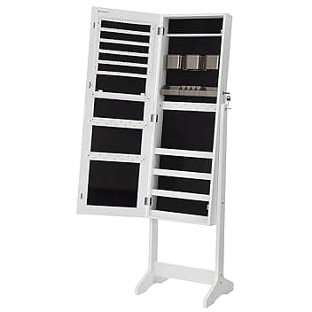SONGMICS SONGMICS Armadietto Portagioie Autoportante, Specchiera Portagioielli con 2 Organizzatori per Cosmetici, Organizzatore Trucchi, Specchio a Figura Intera Senza Cornice, Serratura, Bianco JJC002W01