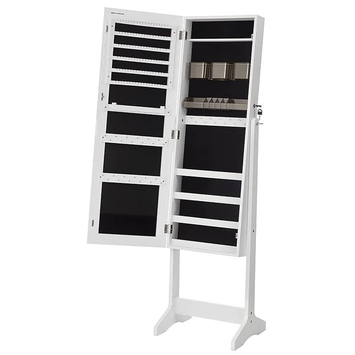 SONGMICS SONGMICS Armadietto Portagioie Autoportante, Specchiera Portagioielli con 2 Organizzatori per Cosmetici, Organizzatore Trucchi, Specchio a Figura Intera Senza Cornice, Serratura, Bianco JJC002W01
