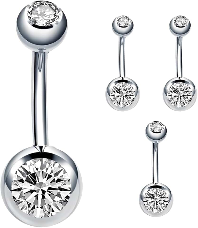 EIHI EIHI 4 pezzi Piercing Ombelico Titanio Corto Barra Lungo Cuore CZ Palline Argento Barbell Navel Bar Belly Button Rings Gioiello Donna Argento