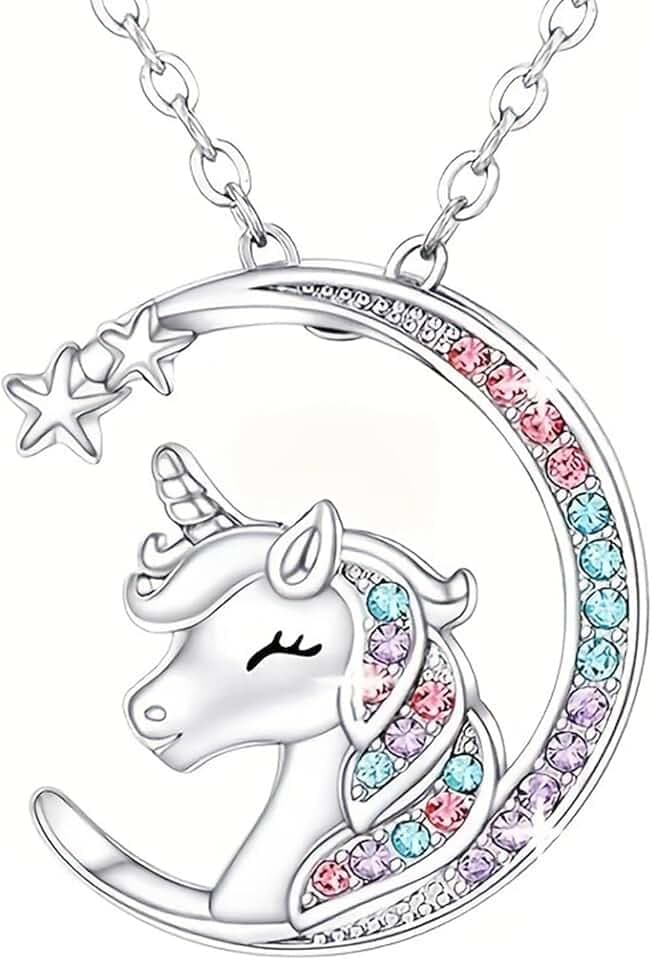 URYVAIW URYVAIW Collana unicorno argento, Ciondolo unicorno con luna e strass colorati, Collana bambina (45+5cm regolabile) per bambini e adolescenti