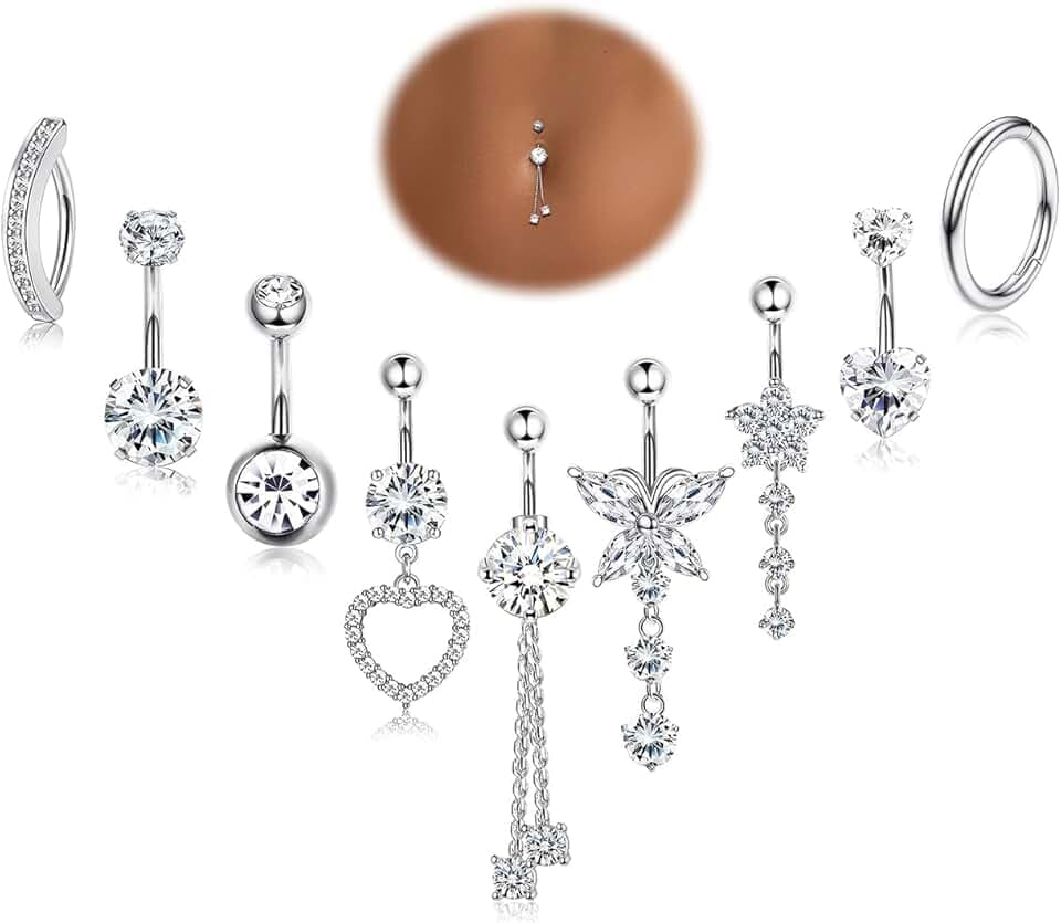 YADOCA 14G 9 Pezzi Piercing Ombelico Acciaio Chirurgico Argento Oro, Piercing Ombelico Pendente, CZ Piercings Ombelico Anello, Navel Piercings per Le Donne