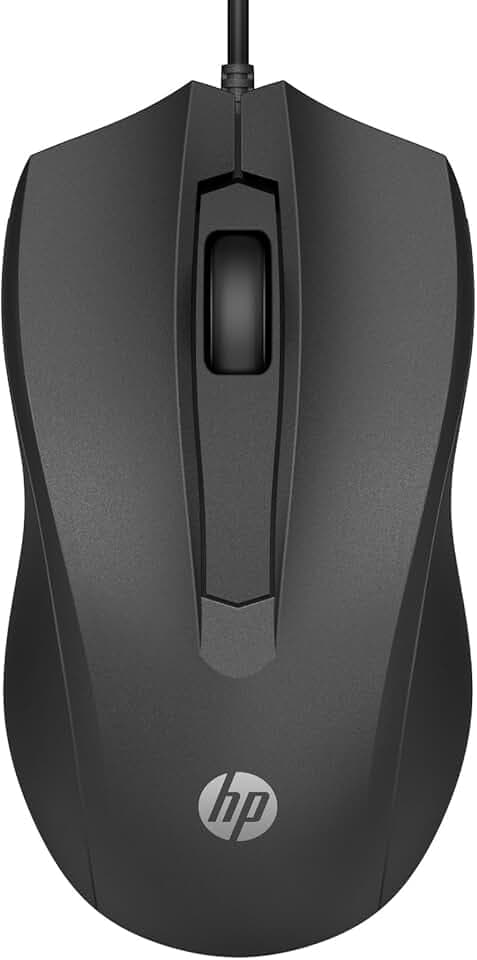 HP 100 Mouse Cablato, Sensore Preciso fino a 1600 DPI, 3 Pulsanti, Rotellina di Scorrimento, Cavo USB-A da 1.5 m, Design con Profilo Ergonomico, Ambidestro, Nero