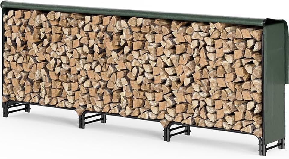 VOUNOT® Legnaia da Esterno in Metallo, Ripiano per Legna da Ardere, Portalegna con Copertura Impermeabile, 300 x 116 x 36 cm, Verde