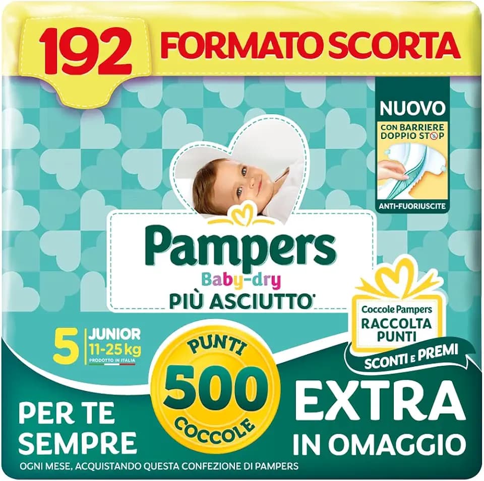 Pampers Baby Dry Junior, Taglia 5 (11-25 kg), Formato Scorta, Barriere Anti-Fuoriuscite, Più Asciutto Fino a 12h, Linguette Rinforzate e Avvolgenti, 192 Pannolini Bambino + 500 Punti Omaggio