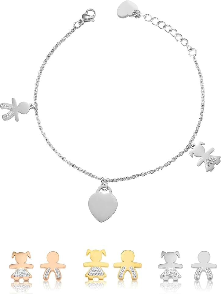 inSCINTILLE Sweet Child Bracciale Donna Acciaio con Ciondoli Bebè, Cuore, Piedini, Bracciale Mamma e Figlio, Confezione Idea Regalo Inclusa, Braccialetto Gravidanza Acciaio Inox