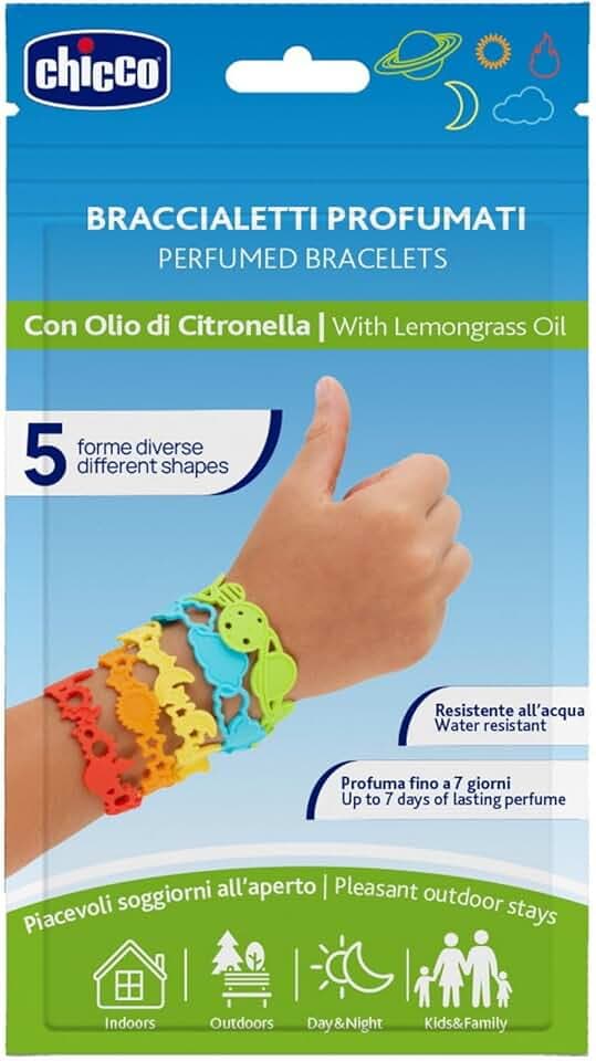 Chicco Braccialetti Profumati alla Citronella per Bambini e Adulti, Colorati e Divertenti, Ideali per Polsi e Caviglie, Fragranza Naturale di Origine Vegetale, Confezione Multipack da 5 Pezzi