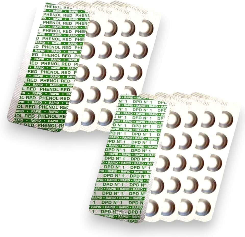 Pastiglie di ricambio per tester piscina 100 pezzi | 50x DPD1 cloro libero/bromo + 50x Phenol Red pH | Pastiglie Rapid per test colorimetrico piscina, spa e idromassaggio