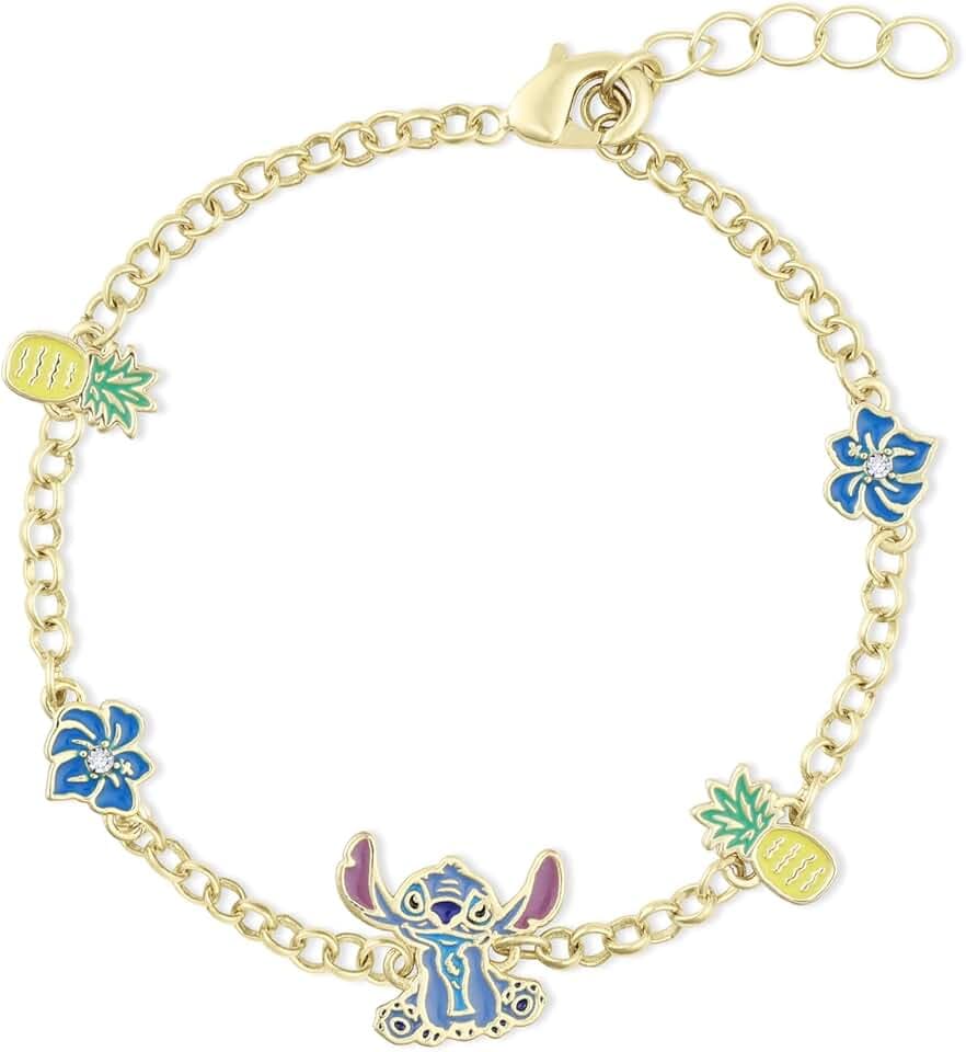Disney Stitch Girls - Bracciale con catena regolabile placcato oro con ciondolo di piña e fiore