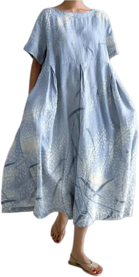 Vestito da Donna a Collo Tondo Lungo Casual Abito Estivo con Stampa Vacanza di Strada Abito a Maniche Corte(Blu-C,as6,Alpha,m,Regular,Regular)
