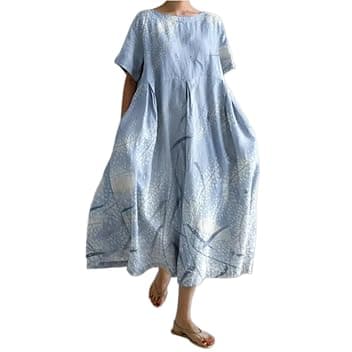 Vestito da Donna a Collo Tondo Lungo Casual Abito Estivo con Stampa Vacanza di Strada Abito a Maniche Corte(Blu-C,as6,Alpha,m,Regular,Regular)