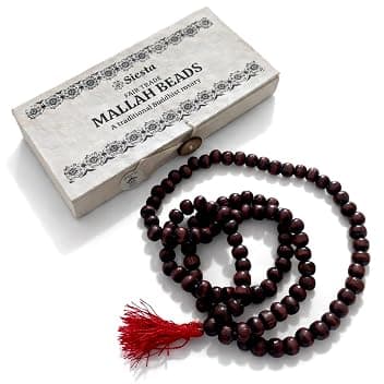 Siesta Collana con perline Mallah Mala, commercio equo e solidale, 108 autentiche perline di legno Uttis, rosario buddista tradizionale con nappa rossa, scatola regalo Lokta fatta a mano in carta con
